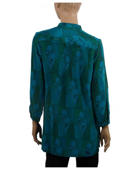 Long Silk Shirt - Blue and Green Floral Block
