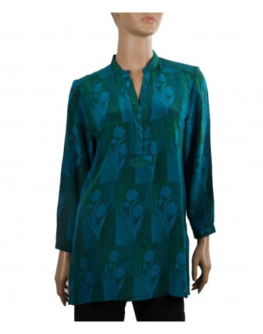 Long Silk Shirt - Blue and Green Floral Block