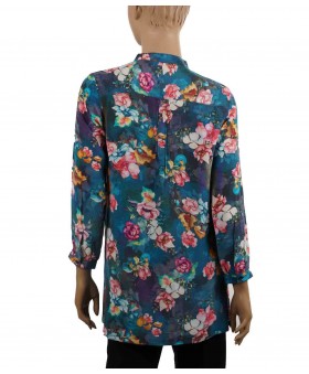 Long Silk Shirt - Peacock Blue Floral Print