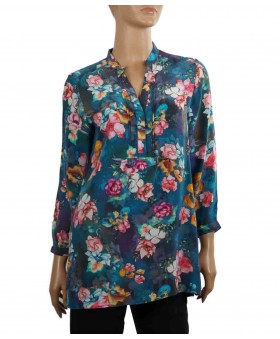 Long Silk Shirt - Peacock Blue Floral Print