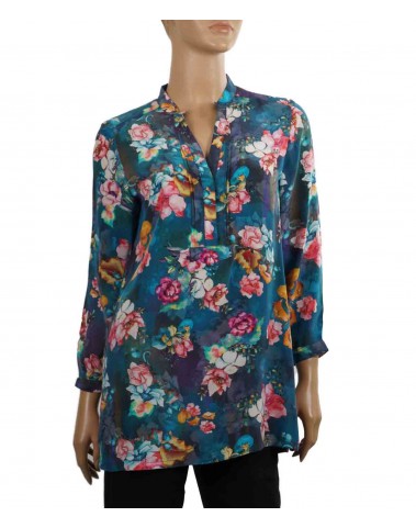 Long Silk Shirt - Peacock Blue Floral Print