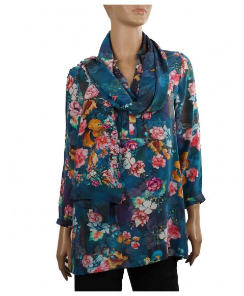 Long Silk Shirt - Peacock Blue Floral Print