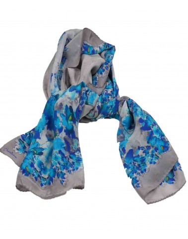 Crepe Silk Scarf - Blue and Grey Floral