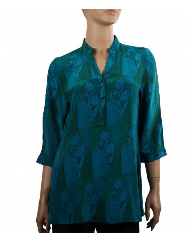 Short Silk Shirt - Blue and Green Patchwork