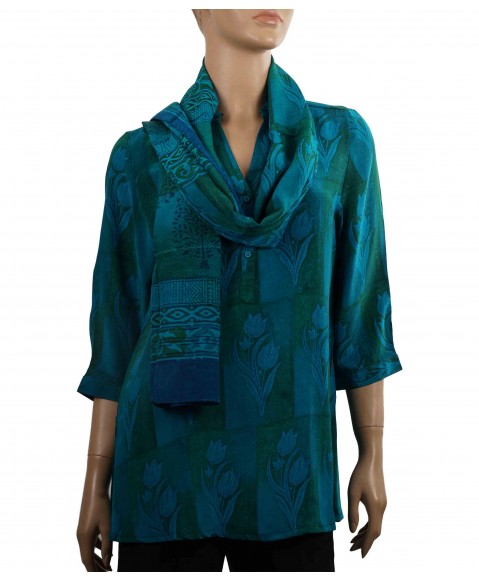 Short Silk Shirt - Blue and Green Patchwork