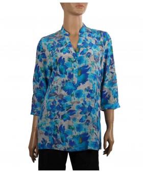 Short Silk Shirt - Blue and Grey Floral