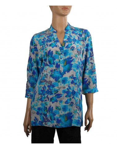 Short Silk Shirt - Blue and Grey Floral