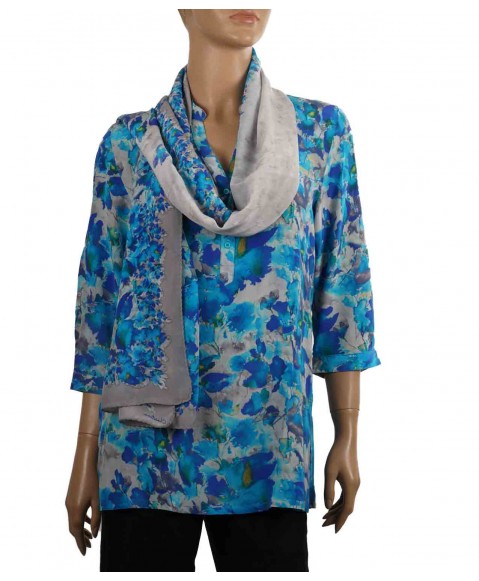 Short Silk Shirt - Blue and Grey Floral