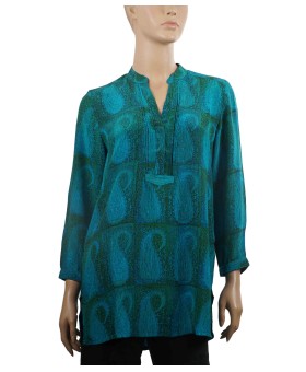 Long Silk Shirt - Green and Blue Big Paisley