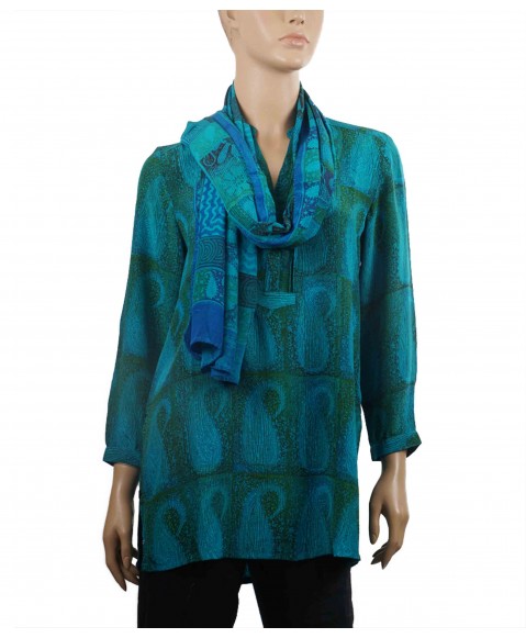 Long Silk Shirt - Green and Blue Big Paisley