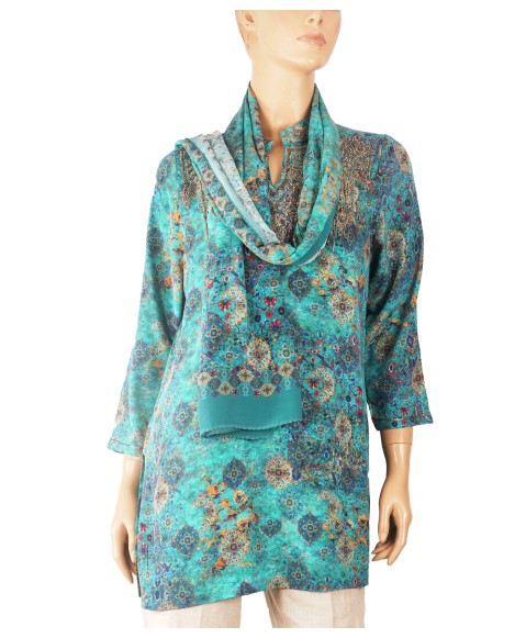 Antique Silk Kurti - Turquoise