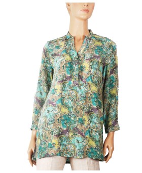 Long Silk Shirt - Green Abstract