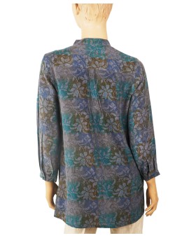 Long Silk Shirt - Ink Blue Floral 