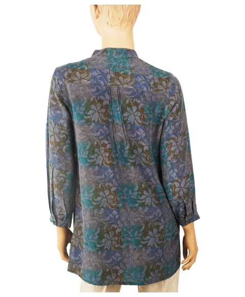 Long Silk Shirt - Ink Blue Floral 