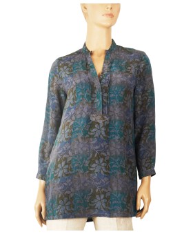 Long Silk Shirt - Ink Blue Floral 