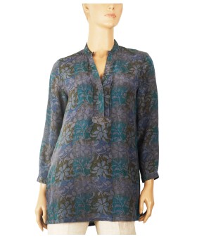 Long Silk Shirt - Ink Blue Floral 