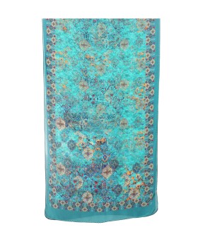 Crepe Silk Scarf - Turquoise Base With Beige Print