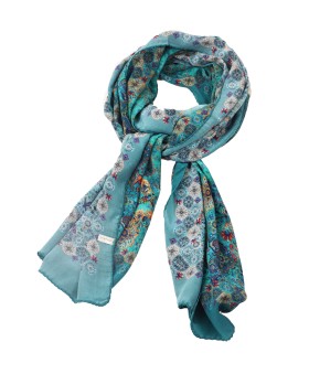 Crepe Silk Scarf - Turquoise Base With Beige Print
