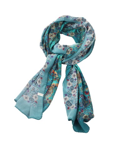 Crepe Silk Scarf - Turquoise Base With Beige Print