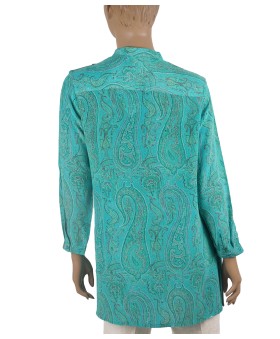 Long Silk Shirt - Aqua Blue Paisley