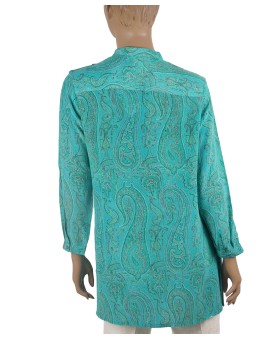 Long Silk Shirt - Aqua Blue Paisley
