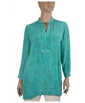 Long Silk Shirt - Aqua Blue Paisley
