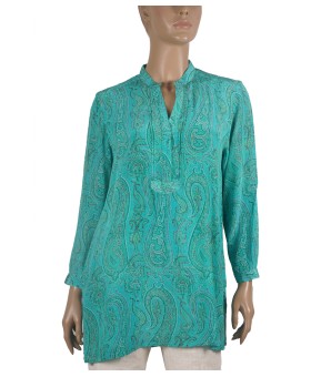 Long Silk Shirt - Aqua Blue Paisley