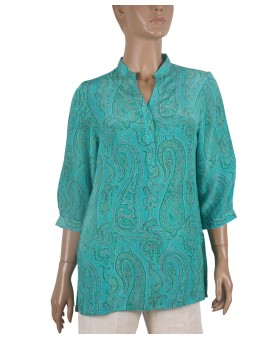Short Silk Shirt - Aqua Blue Paisley
