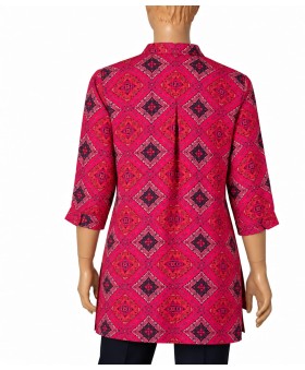 Short Silk Shirt - Ruby Heritage Diamond Print