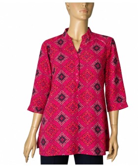 Short Silk Shirt - Ruby Heritage Diamond Print