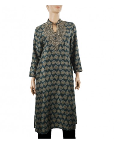 Embroidered Tunic - Viscose Olive Green With Golden Buti