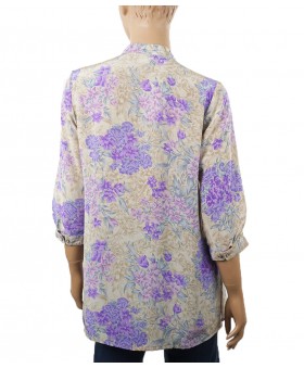 Short Silk Shirt - Purple Beige Floral