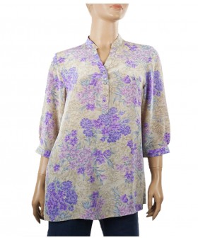 Short Silk Shirt - Purple Beige Floral