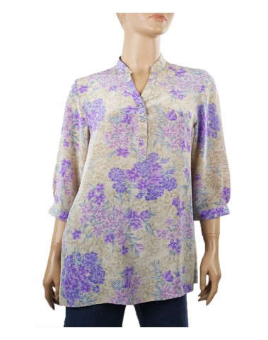 Short Silk Shirt - Purple Beige Floral