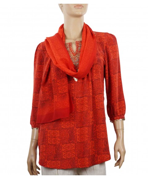 Antique Silk Kurti - Red Ikat