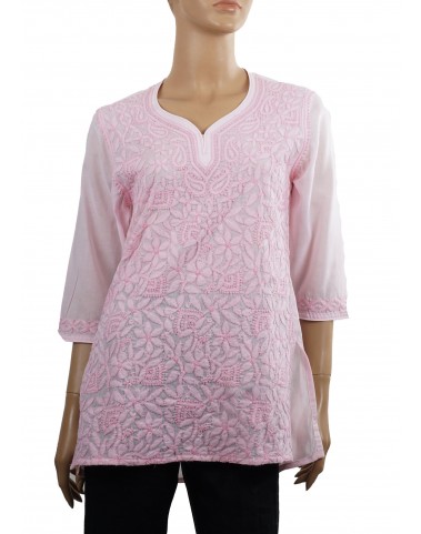 Embroidered Casual Kurti - Pink Lucknowi