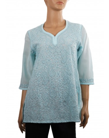 Embroidered Casual Kurti - Sky Blue Lucknowi