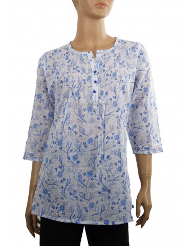 Casual Kurti - White and Blue Floral Print