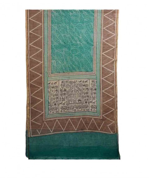 Tussar Silk Scarf - Green And Beige ZigZag