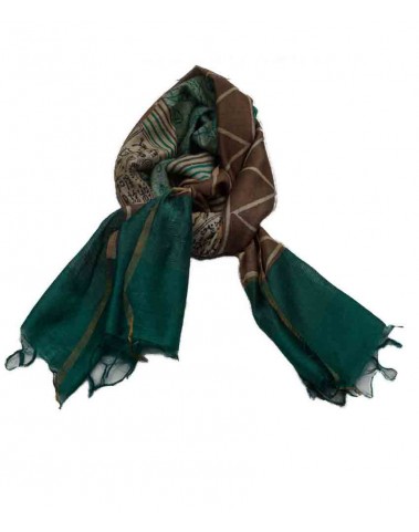 Tussar Silk Scarf - Green And Beige ZigZag