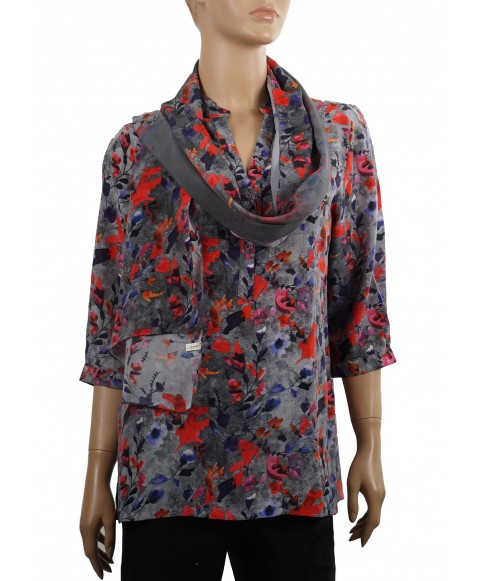 Short Silk Shirt - Grey Floral