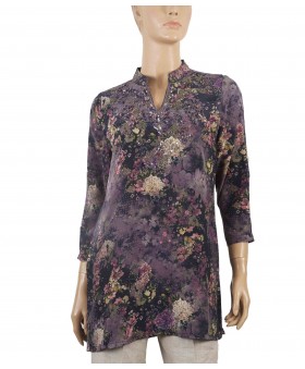 Antique Silk Kurti - Purple Beige Floral 