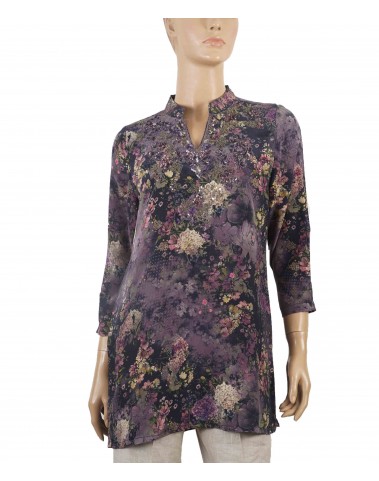 Antique Silk Kurti - Purple Beige Floral 