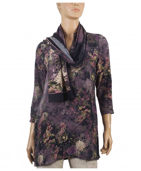 Antique Silk Kurti - Purple Beige Floral 