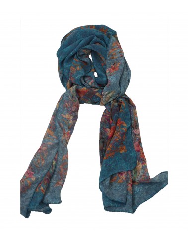 Crepe Silk Scarf - Red Floral With petrol Blue Base
