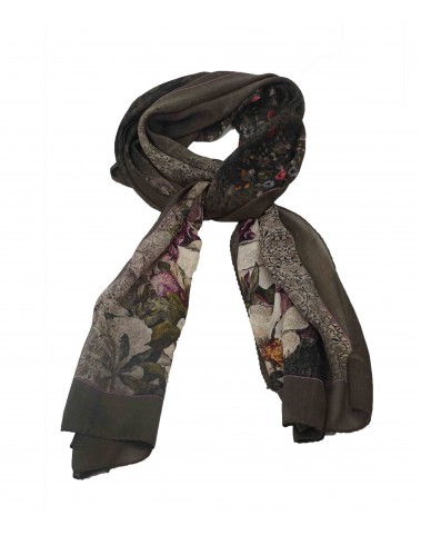 Crepe Silk Scarf - Olive Green with Beige Floral
