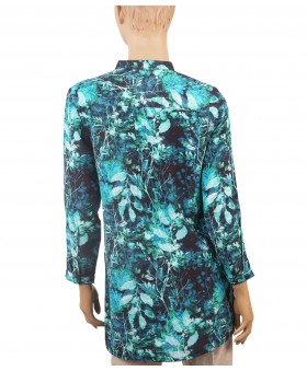 Long Silk Shirt - Aqua Leaf Prints