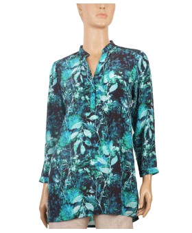 Long Silk Shirt - Aqua Leaf Prints