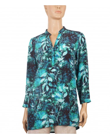 Long Silk Shirt - Aqua Leaf Prints