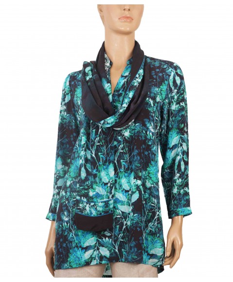 Long Silk Shirt - Aqua Leaf Prints